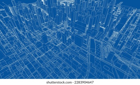 Umriss des Stadtkonzepts, Vektor. Wire-Frame-Stil. Die Schichten sichtbarer und unsichtbarer Linien. 3D-Illustration