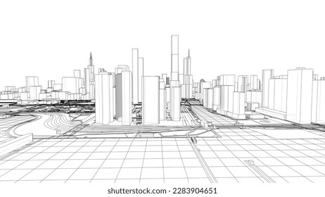 Outline city concept vector. Wire-frame style. The layers of visible and invisible lines. 3D illustration