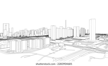 Outline city concept vector. Wire-frame style. The layers of visible and invisible lines. 3D illustration