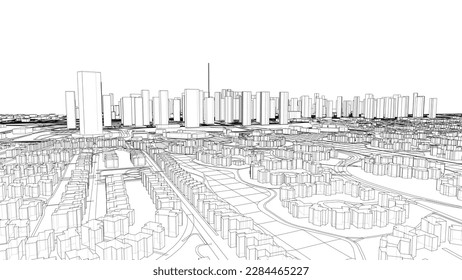 Outline city concept vector. Wire-frame style. The layers of visible and invisible lines. 3D illustration