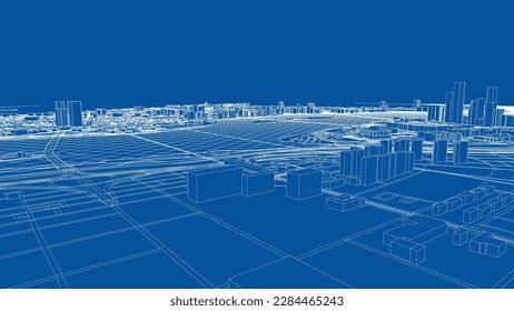 Outline city concept vector. Wire-frame style. The layers of visible and invisible lines. 3D illustration