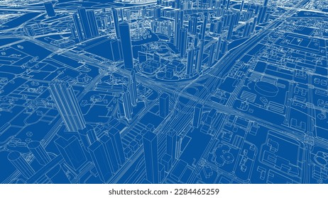 Outline city concept vector. Wire-frame style. The layers of visible and invisible lines. 3D illustration