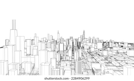 Esquema de vector de concepto de ciudad. Estilo de marco de cables. Las capas de líneas visibles e invisibles. ilustración 3D