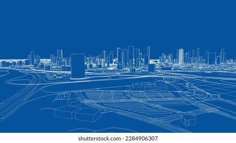 Umriss des Stadtkonzepts, Vektor. Wire-Frame-Stil. Die Schichten sichtbarer und unsichtbarer Linien. 3D-Illustration
