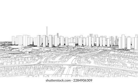 Esquema de vector de concepto de ciudad. Estilo de marco de cables. Las capas de líneas visibles e invisibles. ilustración 3D