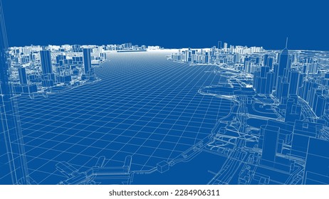 Outline city concept vector. Wire-frame style. The layers of visible and invisible lines. 3D illustration