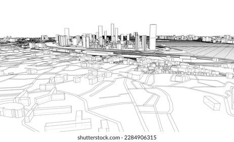 Umriss des Stadtkonzepts, Vektor. Wire-Frame-Stil. Die Schichten sichtbarer und unsichtbarer Linien. 3D-Illustration