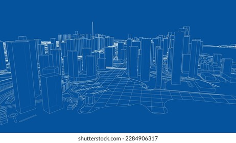 Outline city concept vector. Wire-frame style. The layers of visible and invisible lines. 3D illustration