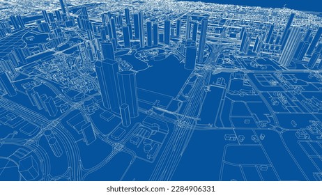 Outline city concept vector. Wire-frame style. The layers of visible and invisible lines. 3D illustration