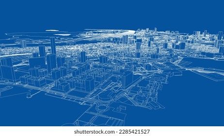 Outline city concept vector. Wire-frame style. The layers of visible and invisible lines. 3D illustration