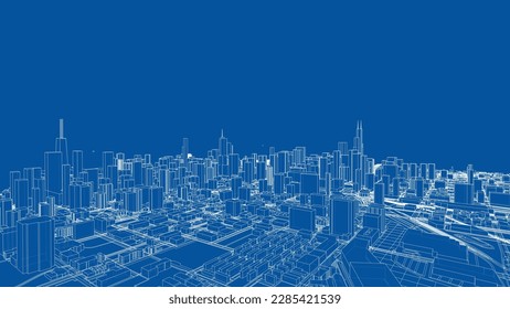 Outline city concept vector. Wire-frame style. The layers of visible and invisible lines. 3D illustration