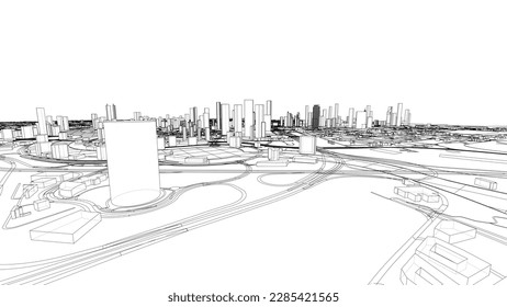 Outline city concept vector. Wire-frame style. The layers of visible and invisible lines. 3D illustration