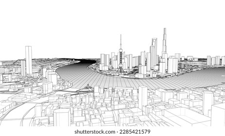 Outline city concept vector. Wire-frame style. The layers of visible and invisible lines. 3D illustration