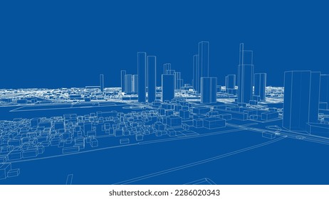 Outline city concept vector. Wire-frame style. The layers of visible and invisible lines. 3D illustration