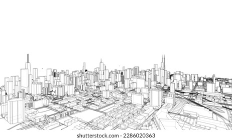 Umriss des Stadtkonzepts, Vektor. Wire-Frame-Stil. Die Schichten sichtbarer und unsichtbarer Linien. 3D-Illustration