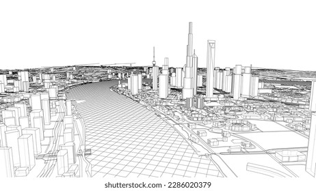 Outline city concept vector. Wire-frame style. The layers of visible and invisible lines. 3D illustration