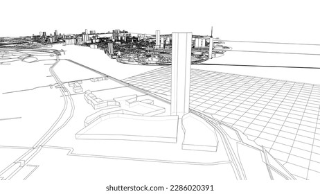 Esquema de vector de concepto de ciudad. Estilo de marco de cables. Las capas de líneas visibles e invisibles. ilustración 3D