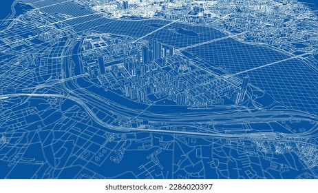 Outline city concept vector. Wire-frame style. The layers of visible and invisible lines. 3D illustration
