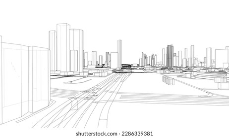 Outline city concept vector. Wire-frame style. The layers of visible and invisible lines. 3D illustration