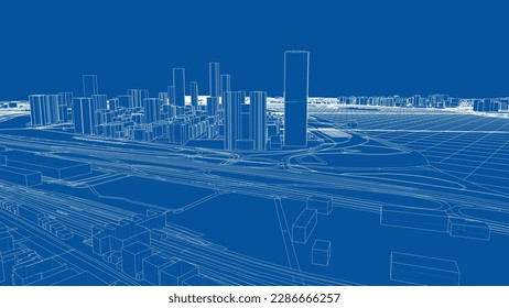 Esquema de vector de concepto de ciudad. Estilo de marco de cables. Las capas de líneas visibles e invisibles. ilustración 3D