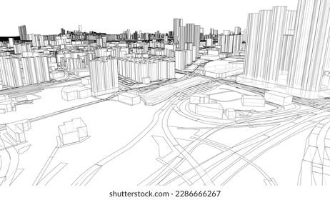 Umriss des Stadtkonzepts, Vektor. Wire-Frame-Stil. Die Schichten sichtbarer und unsichtbarer Linien. 3D-Illustration