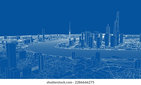 Outline city concept vector. Wire-frame style. The layers of visible and invisible lines. 3D illustration
