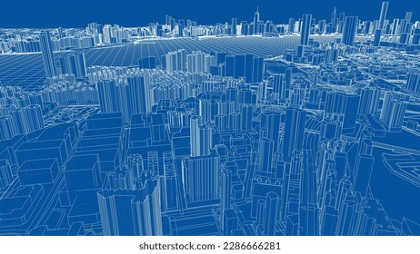 Outline city concept vector. Wire-frame style. The layers of visible and invisible lines. 3D illustration