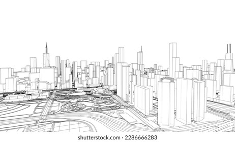 Outline city concept vector. Wire-frame style. The layers of visible and invisible lines. 3D illustration
