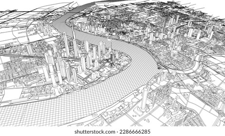 Esquema de vector de concepto de ciudad. Estilo de marco de cables. Las capas de líneas visibles e invisibles. ilustración 3D