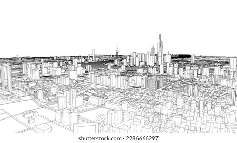 Esquema de vector de concepto de ciudad. Estilo de marco de cables. Las capas de líneas visibles e invisibles. ilustración 3D
