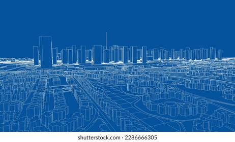 Outline city concept vector. Wire-frame style. The layers of visible and invisible lines. 3D illustration