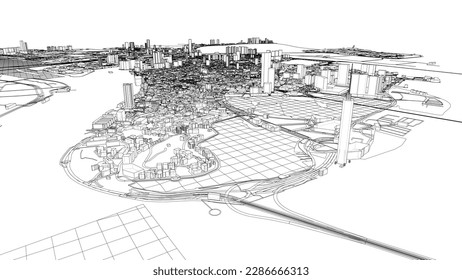 Outline city concept vector. Wire-frame style. The layers of visible and invisible lines. 3D illustration