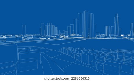 Outline city concept vector. Wire-frame style. The layers of visible and invisible lines. 3D illustration
