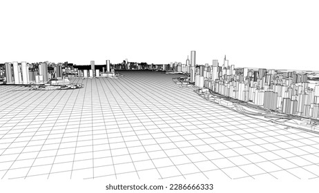 Esquema de vector de concepto de ciudad. Estilo de marco de cables. Las capas de líneas visibles e invisibles. ilustración 3D