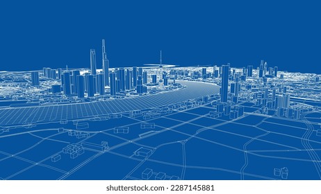 Outline city concept vector. Wire-frame style. The layers of visible and invisible lines. 3D illustration