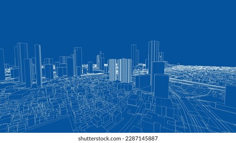 Umriss des Stadtkonzepts, Vektor. Wire-Frame-Stil. Die Schichten sichtbarer und unsichtbarer Linien. 3D-Illustration