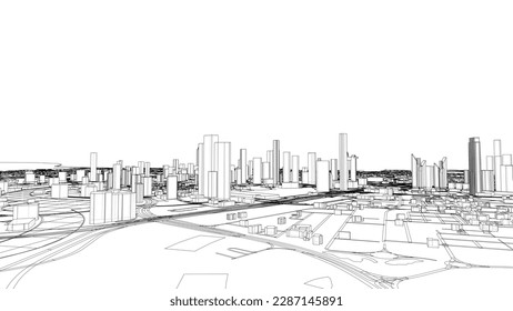 Outline city concept vector. Wire-frame style. The layers of visible and invisible lines. 3D illustration