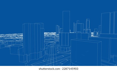 Outline city concept vector. Wire-frame style. The layers of visible and invisible lines. 3D illustration
