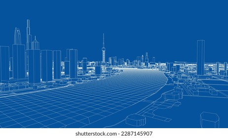 Outline city concept vector. Wire-frame style. The layers of visible and invisible lines. 3D illustration