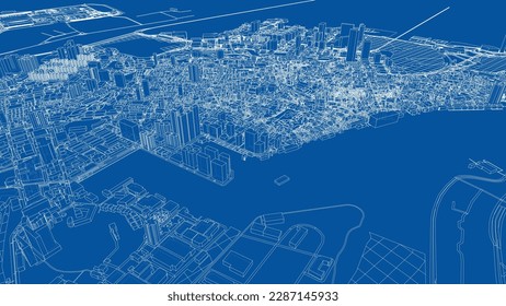 Umriss des Stadtkonzepts, Vektor. Wire-Frame-Stil. Die Schichten sichtbarer und unsichtbarer Linien. 3D-Illustration