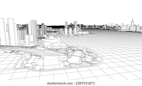 Outline city concept vector. Wire-frame style. The layers of visible and invisible lines. 3D illustration
