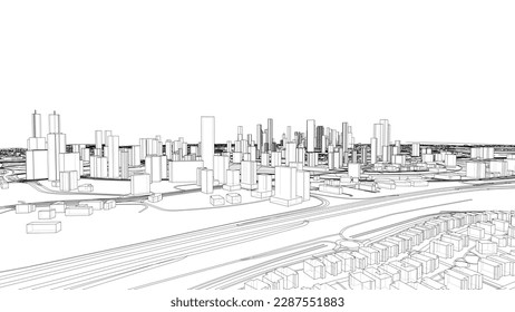 Outline city concept vector. Wire-frame style. The layers of visible and invisible lines. 3D illustration