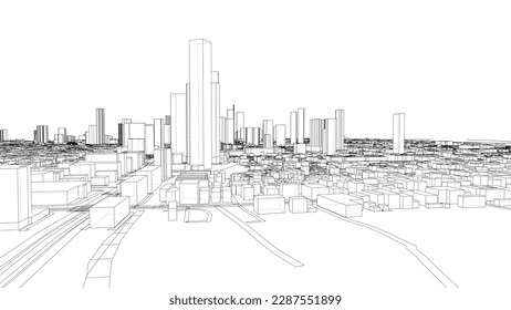 Outline city concept vector. Wire-frame style. The layers of visible and invisible lines. 3D illustration