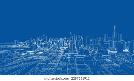 Outline city concept vector. Wire-frame style. The layers of visible and invisible lines. 3D illustration