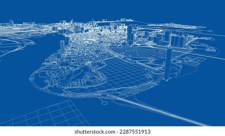 Outline city concept vector. Wire-frame style. The layers of visible and invisible lines. 3D illustration