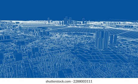 Outline city concept vector. Wire-frame style. The layers of visible and invisible lines. 3D illustration
