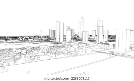 Outline city concept vector. Wire-frame style. The layers of visible and invisible lines. 3D illustration