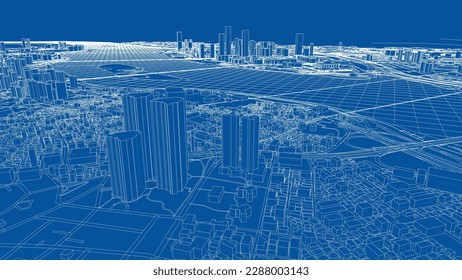 Outline city concept vector. Wire-frame style. The layers of visible and invisible lines. 3D illustration