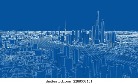 Outline city concept vector. Wire-frame style. The layers of visible and invisible lines. 3D illustration