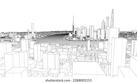 Outline city concept vector. Wire-frame style. The layers of visible and invisible lines. 3D illustration